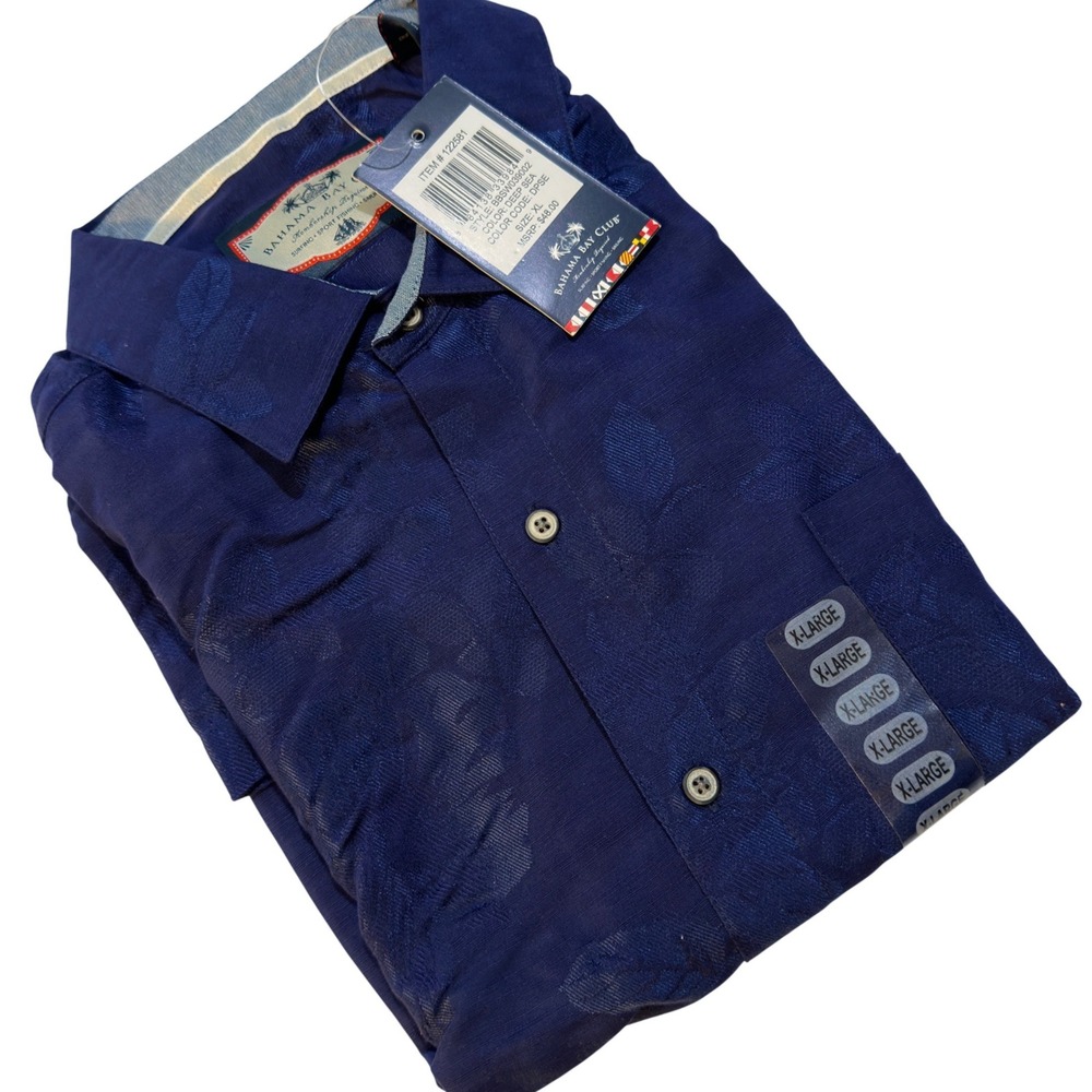 Bahama‎ Bay Club Shirt Navy Blue Rayon Blend Tropical Jacquard XL NWT